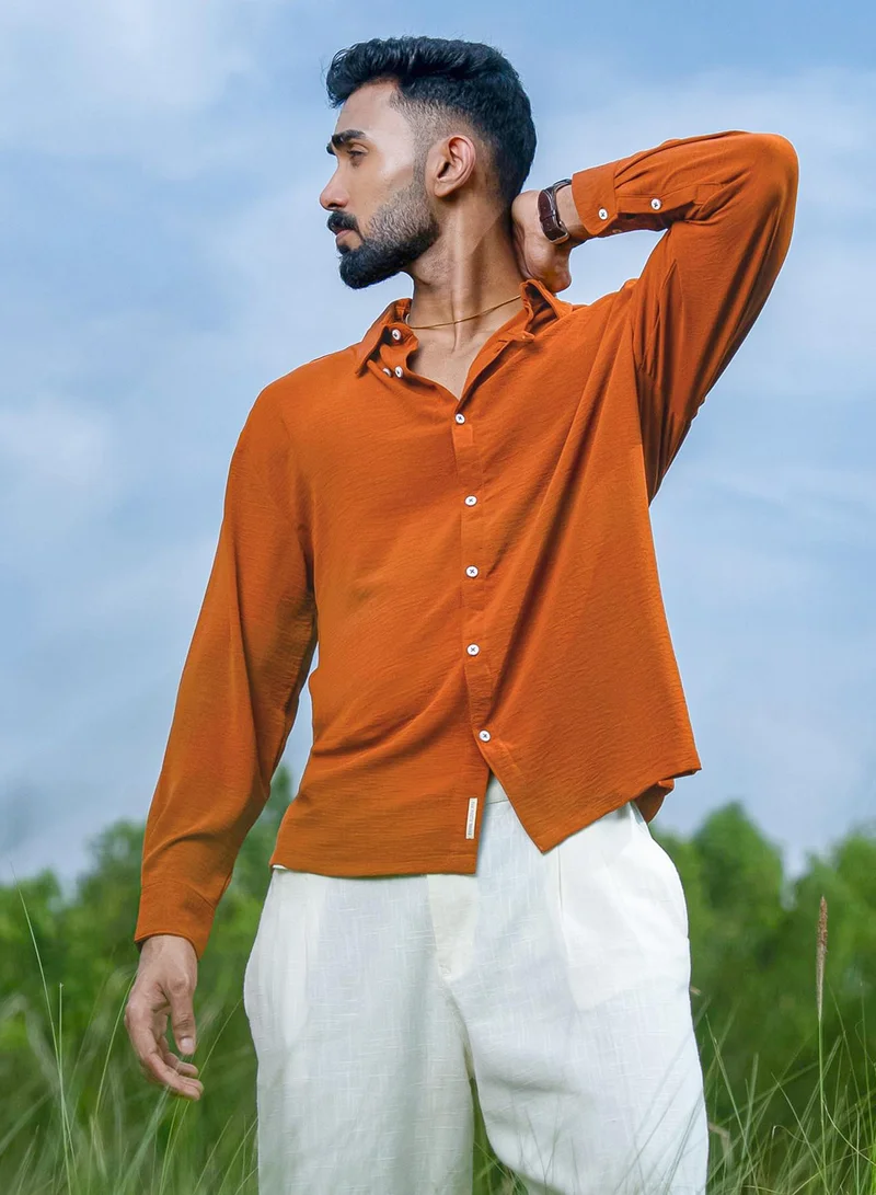 CAHOOT  Men's Rust Orange Breezy Wrinked Shirt For Casual Wear | Spread Collar | Long Cuffed Sleeves | Button Closure | Shirt Crafted With Comfort Fit For Everyday Wear for Men | Best Price UAE